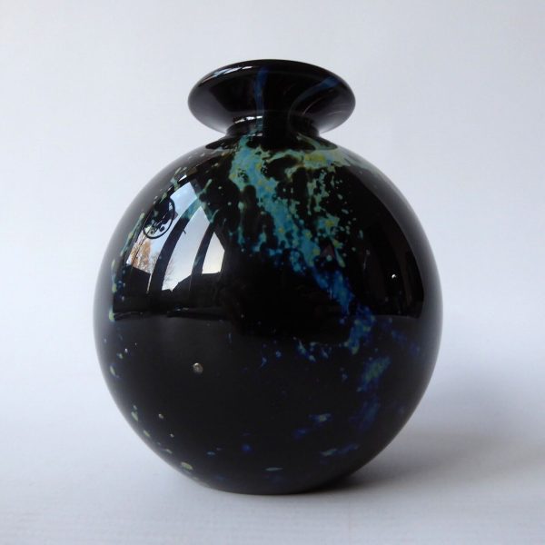 Vintage Phoenician black round globe art glass vase, blue gold bits. Signed 1988
