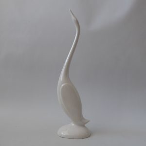 Vintage modernist minimal figurine tall stretched duck swan goose. White ceramic