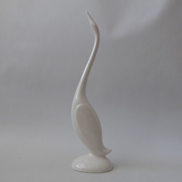 Vintage modernist minimal figurine tall stretched duck swan goose. White ceramic