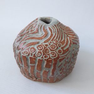 Vintage studio pottery vase, carved clay lump. Brutalist modernist retro art