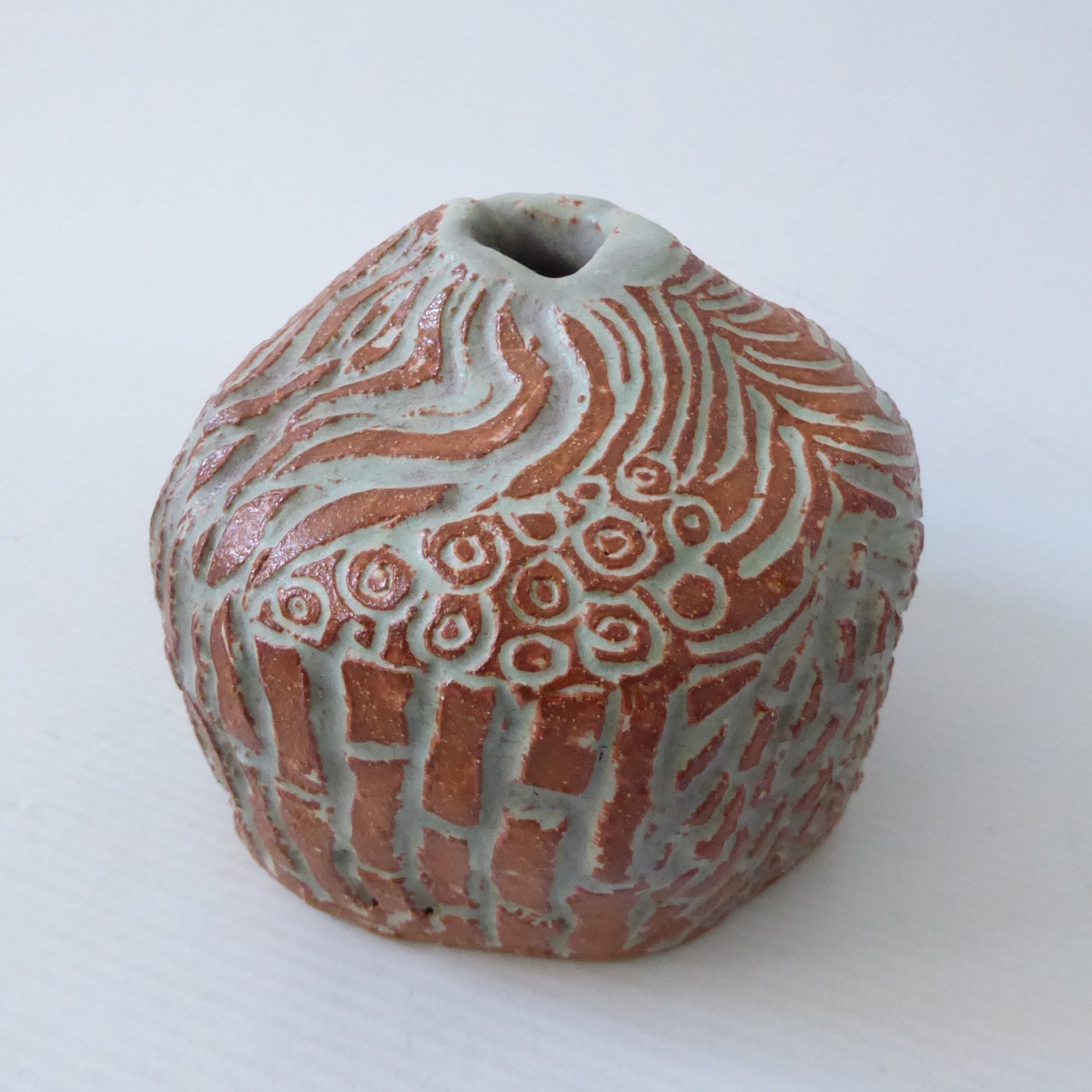 Vintage studio pottery vase, carved clay lump. Brutalist modernist retro art