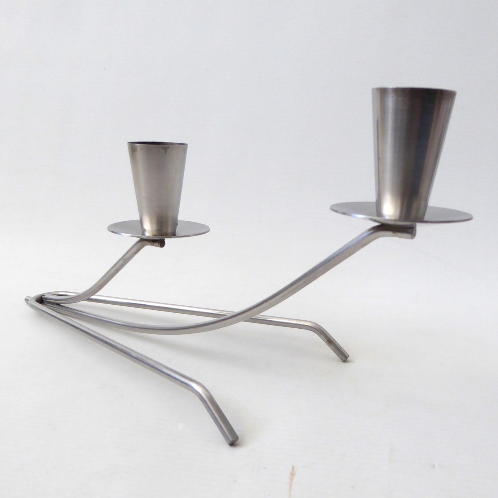 Vintage two cup stainless steel candle holder metal centrepiece, retro 1970s - Image 2