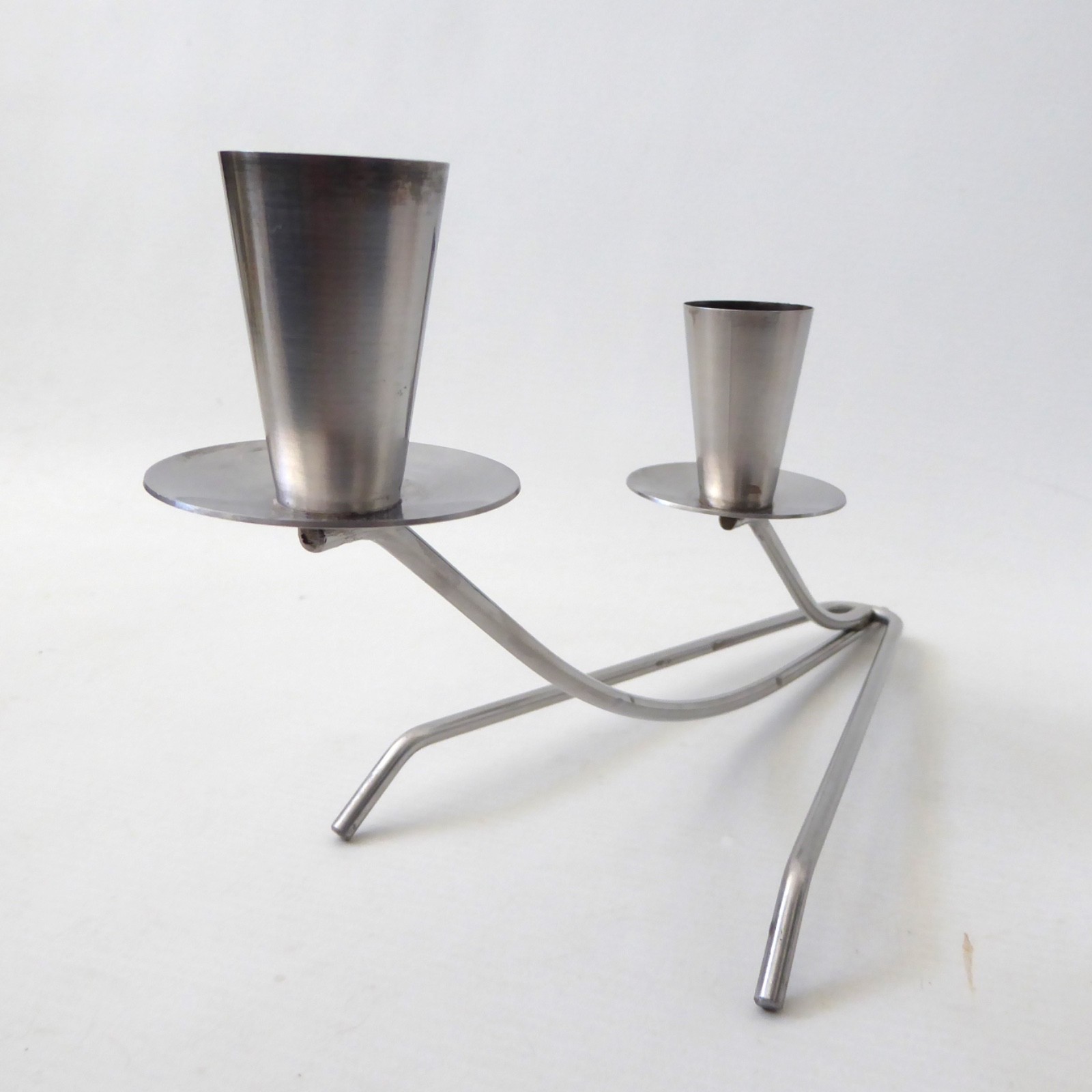 Vintage two cup stainless steel candle holder metal centrepiece, retro 1970s - Image 3