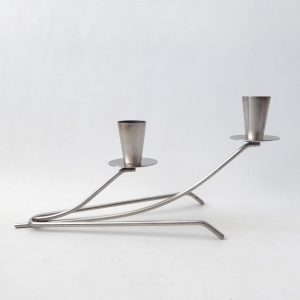 Vintage two cup stainless steel candle holder metal centrepiece, retro 1970s