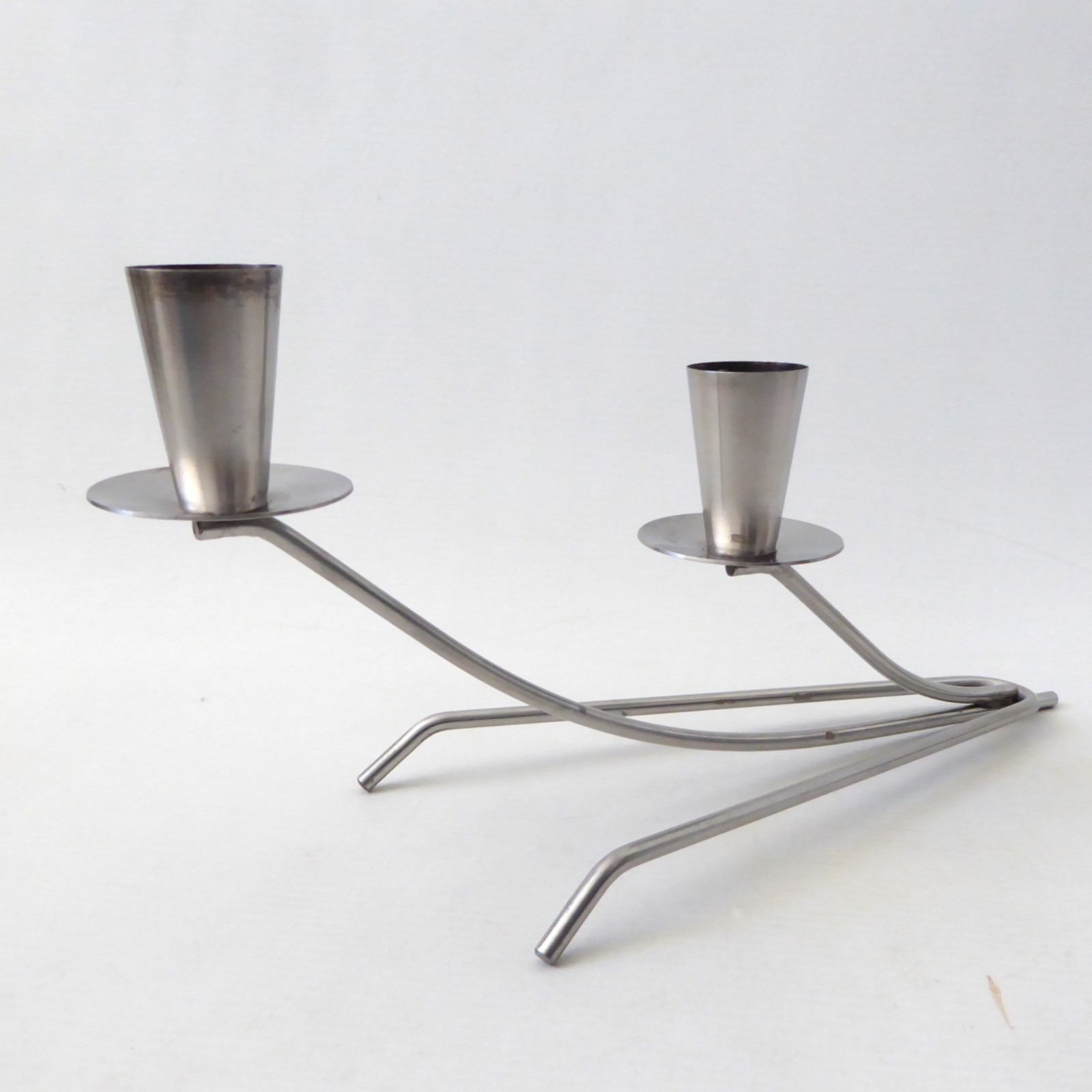 Vintage two cup stainless steel candle holder metal centrepiece, retro 1970s - Image 4