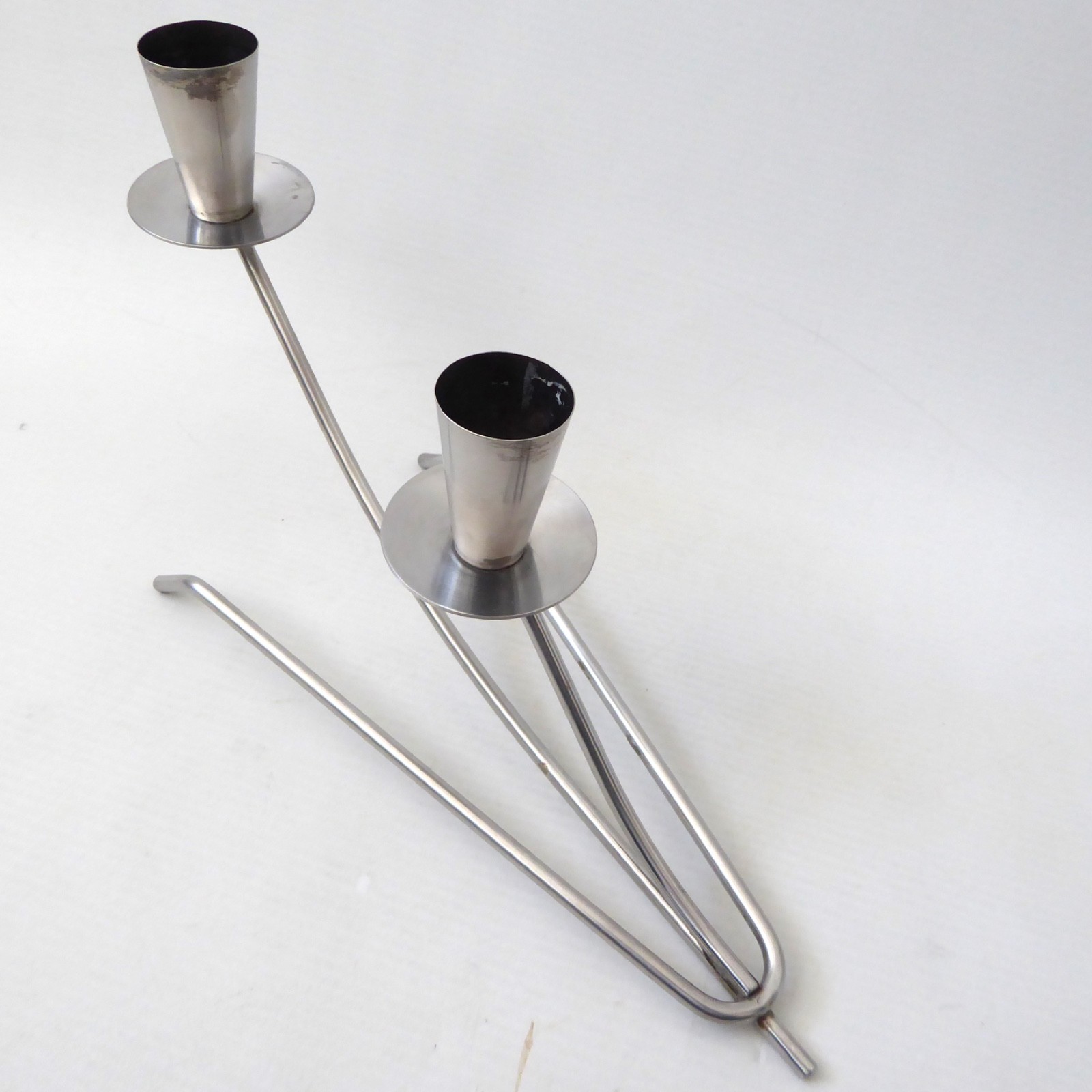 Vintage two cup stainless steel candle holder metal centrepiece, retro 1970s - Image 5