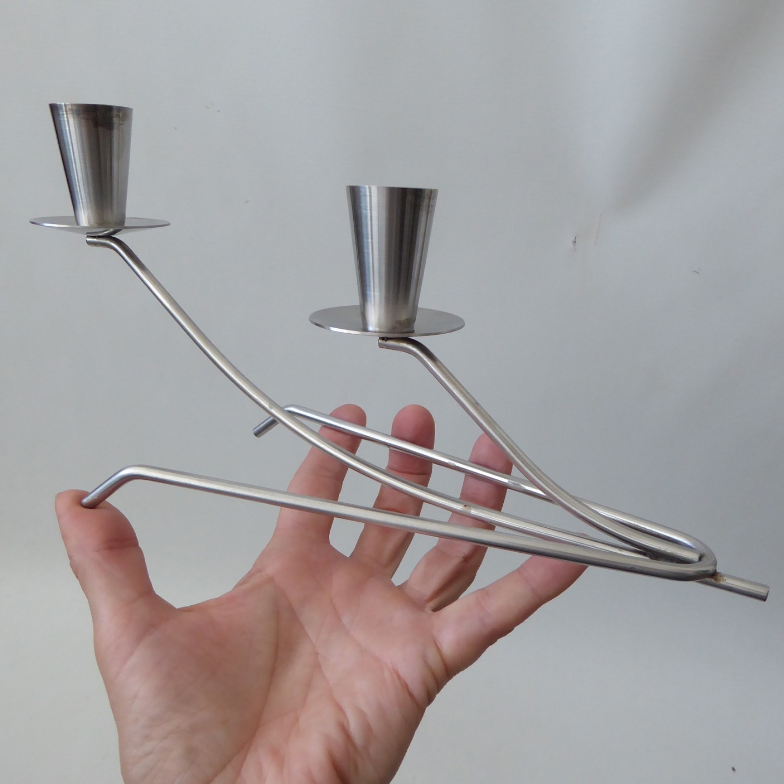 Vintage two cup stainless steel candle holder metal centrepiece, retro 1970s - Image 8