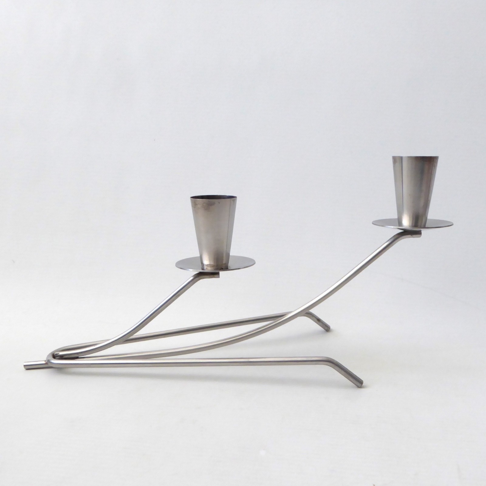 Vintage two cup stainless steel candle holder metal centrepiece, retro 1970s