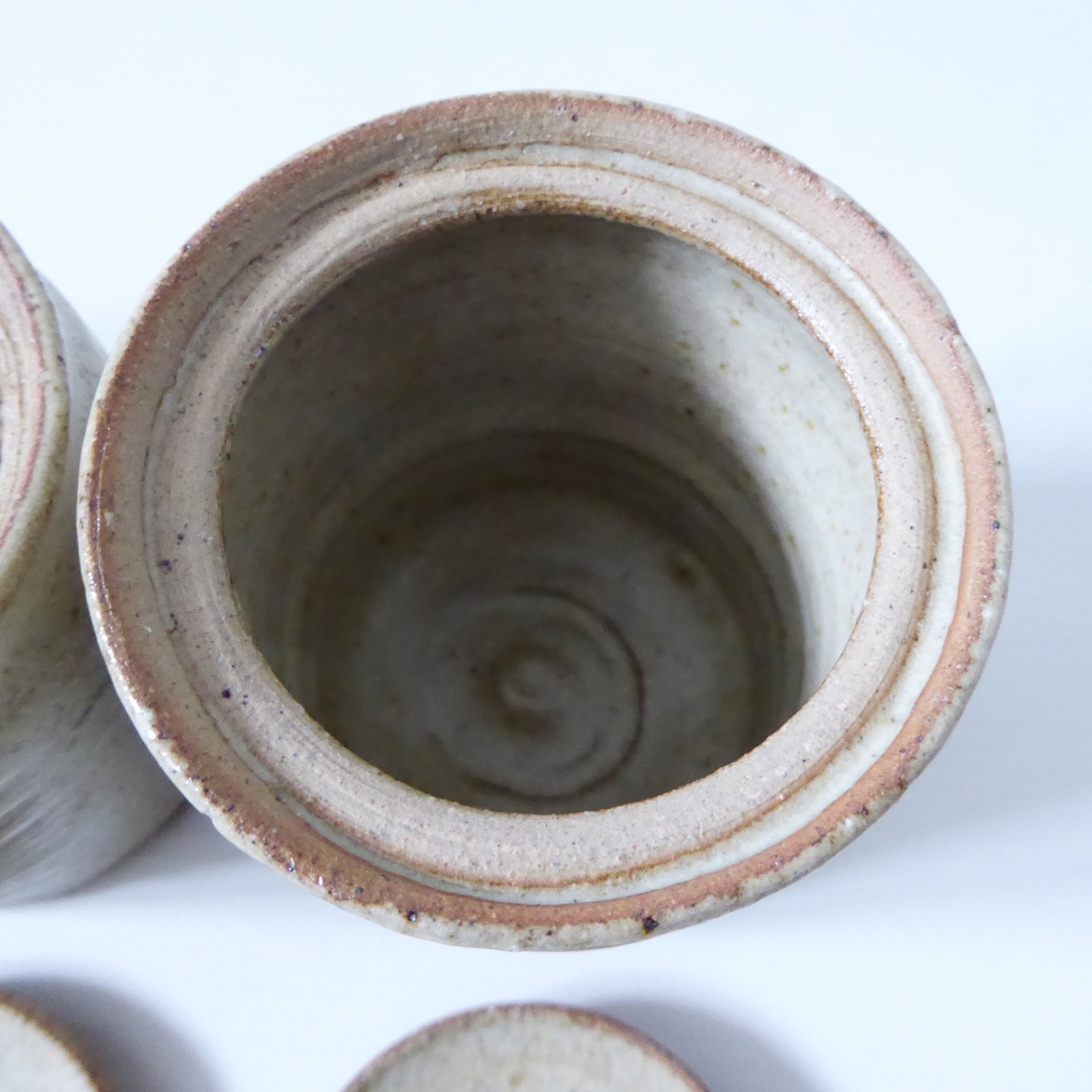 Wheel thrown 3 vintage pottery spice herb storage jars, containers lidded pots - Image 12