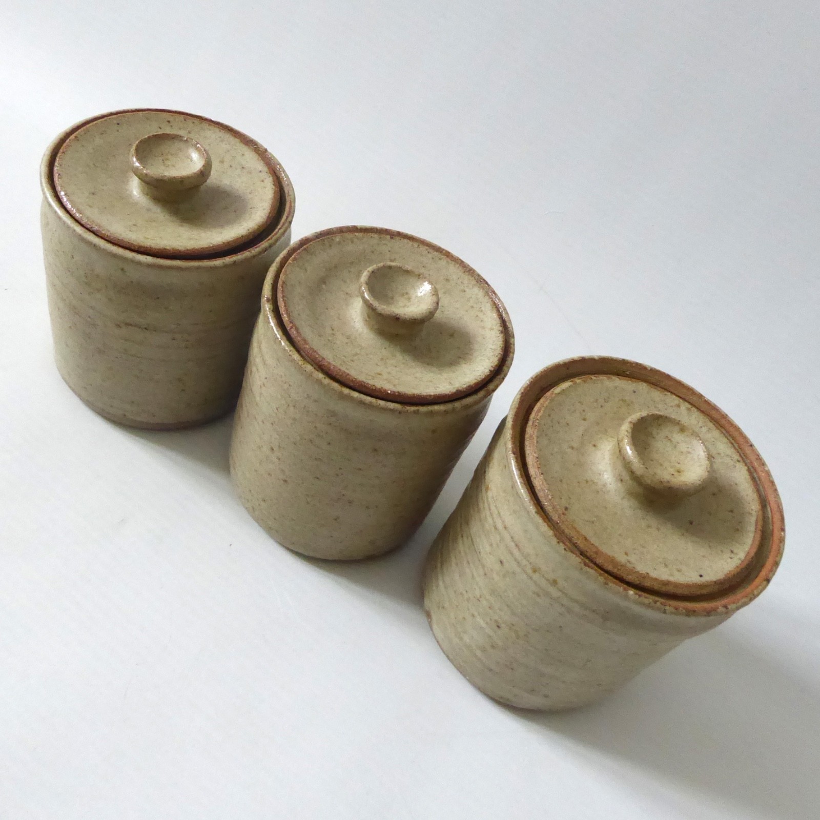 Wheel thrown 3 vintage pottery spice herb storage jars, containers lidded pots - Image 3