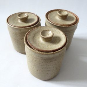 Wheel thrown 3 vintage pottery spice herb storage jars, containers lidded pots