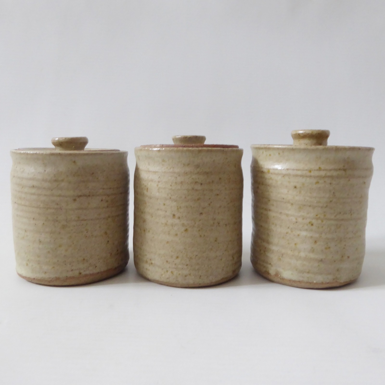 Wheel thrown 3 vintage pottery spice herb storage jars, containers lidded pots - Image 5