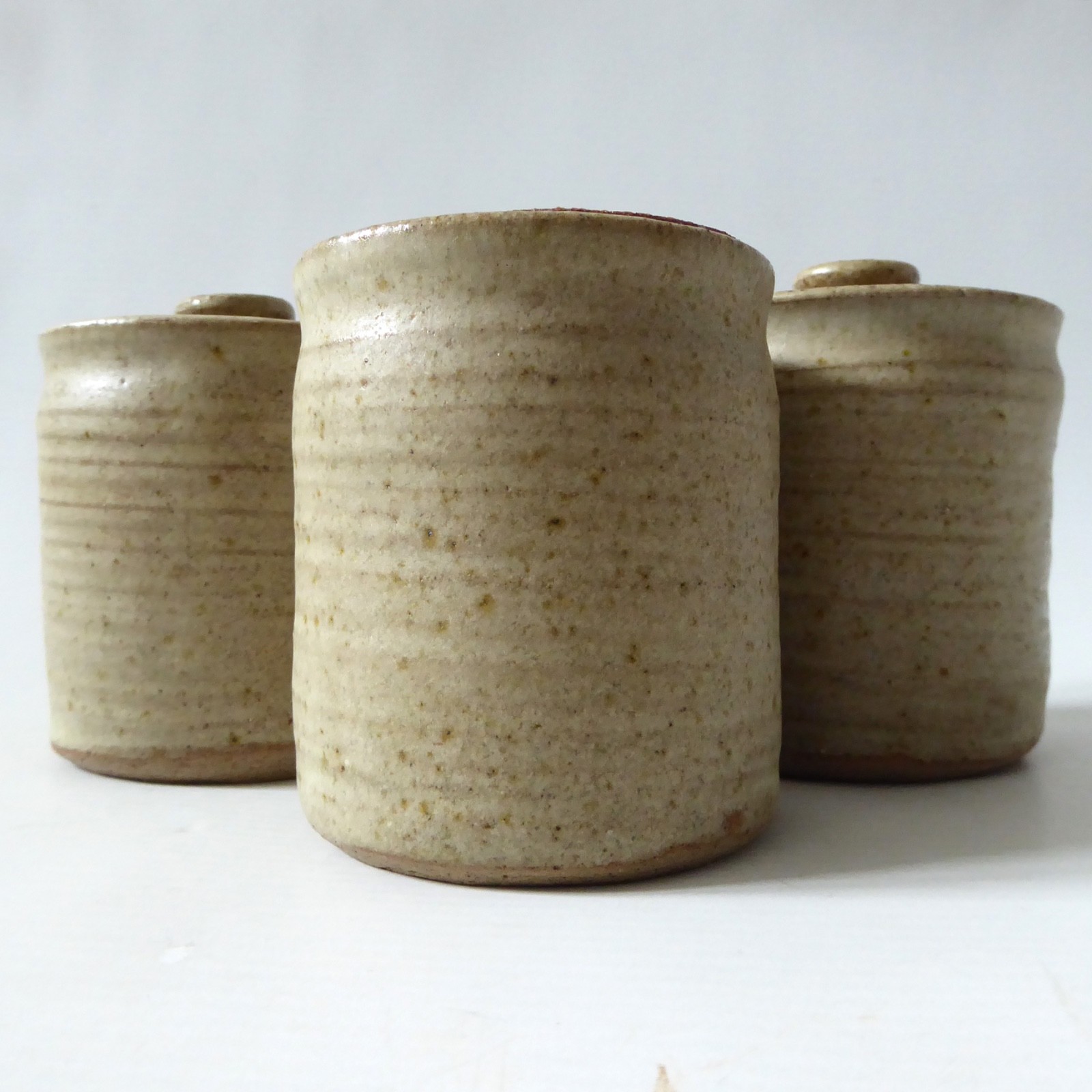 Wheel thrown 3 vintage pottery spice herb storage jars, containers lidded pots - Image 6