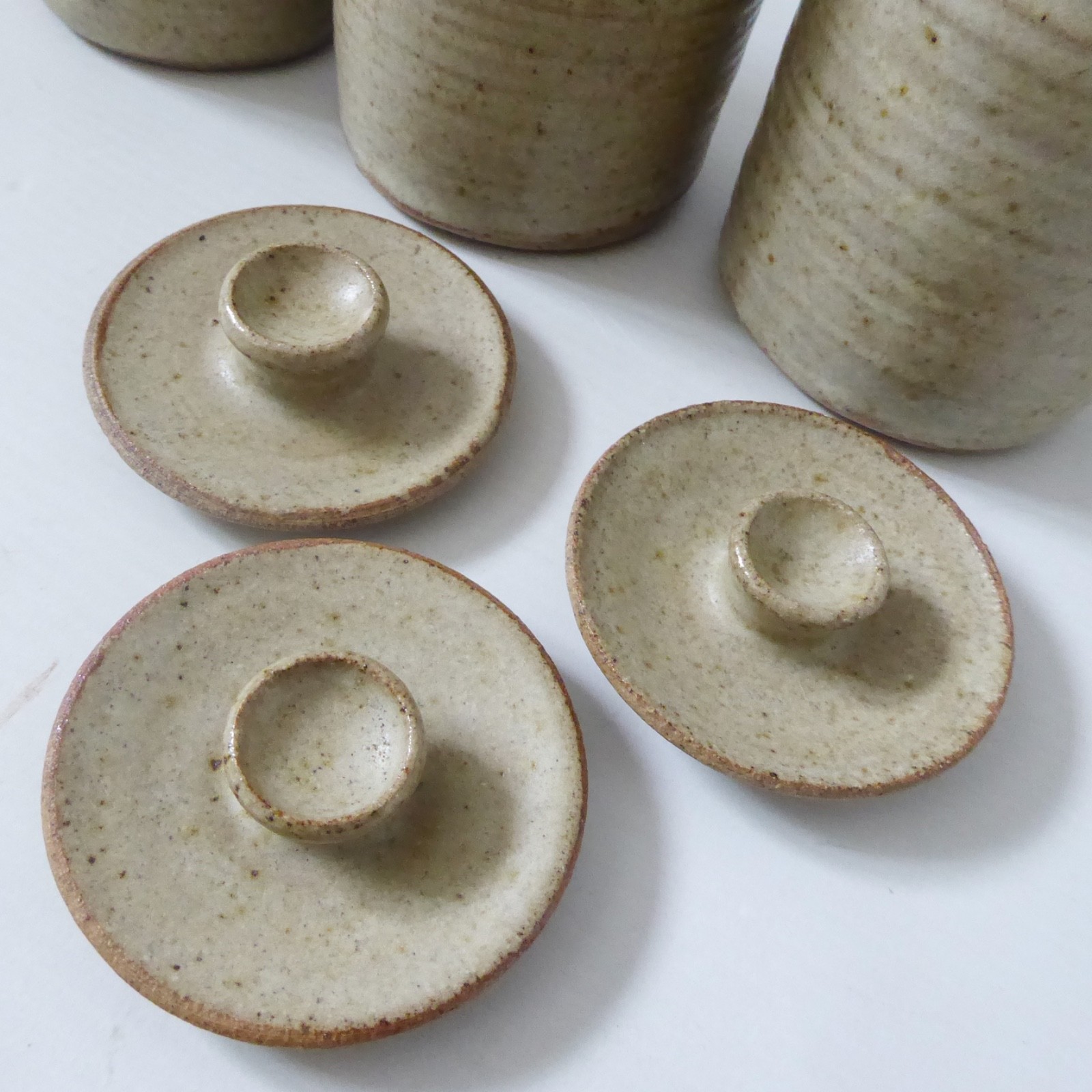 Wheel thrown 3 vintage pottery spice herb storage jars, containers lidded pots - Image 9