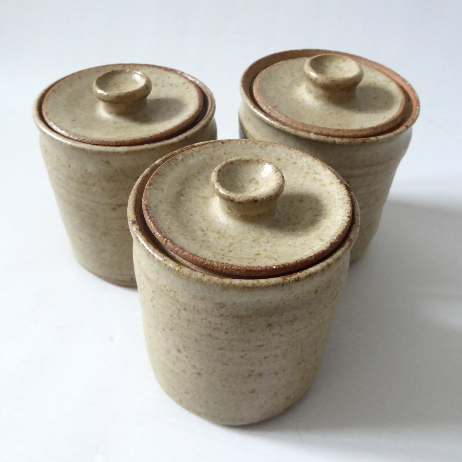 Wheel thrown 3 vintage pottery spice herb storage jars, containers lidded pots