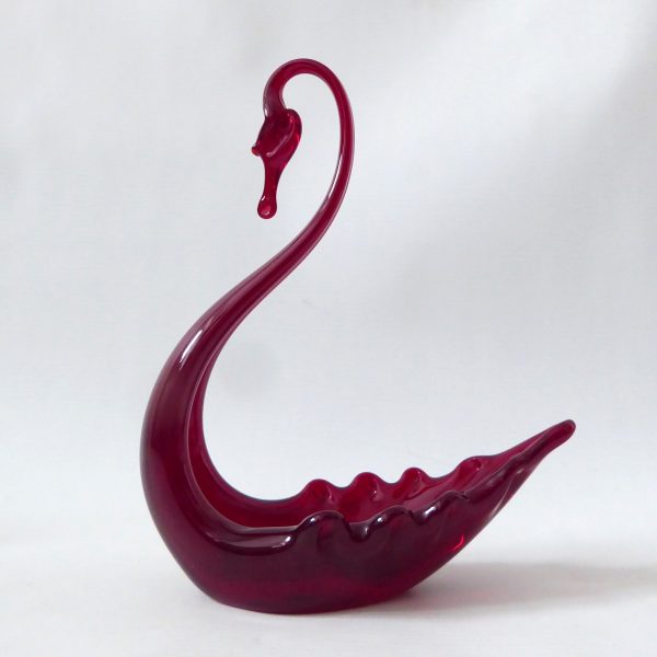 Whitefriars art glass swan figurine Ruby Red 8" 20cm. 1960s midcentury dish bowl