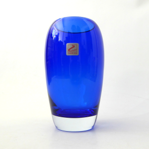 Zwiesel Glas art glass Jenny vase, German, cobalt royal blue + label, modernist