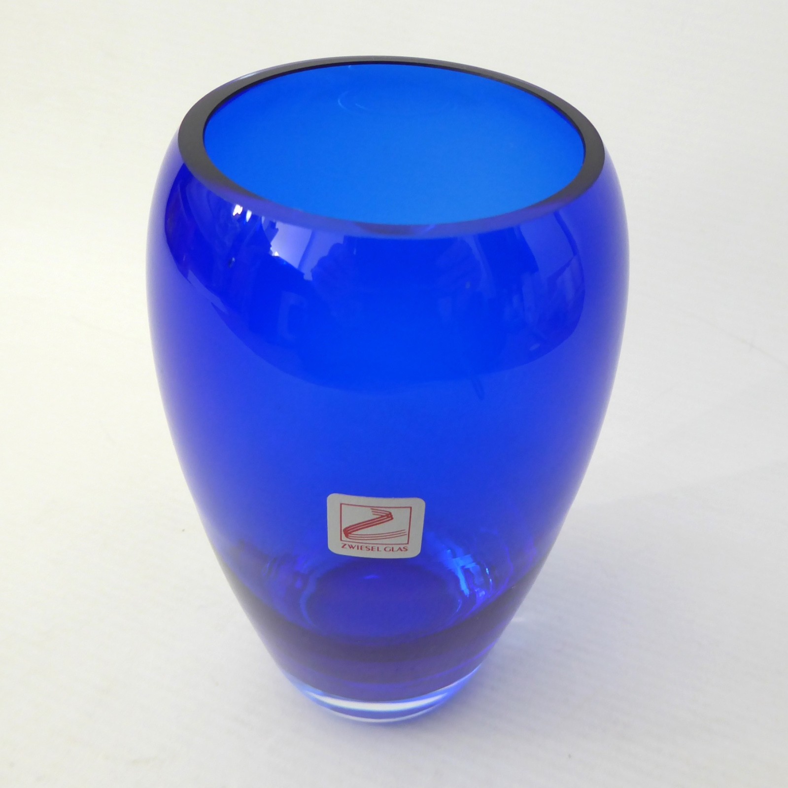 Zwiesel Glas art glass Jenny vase, German, cobalt royal blue + label, modernist - Image 6