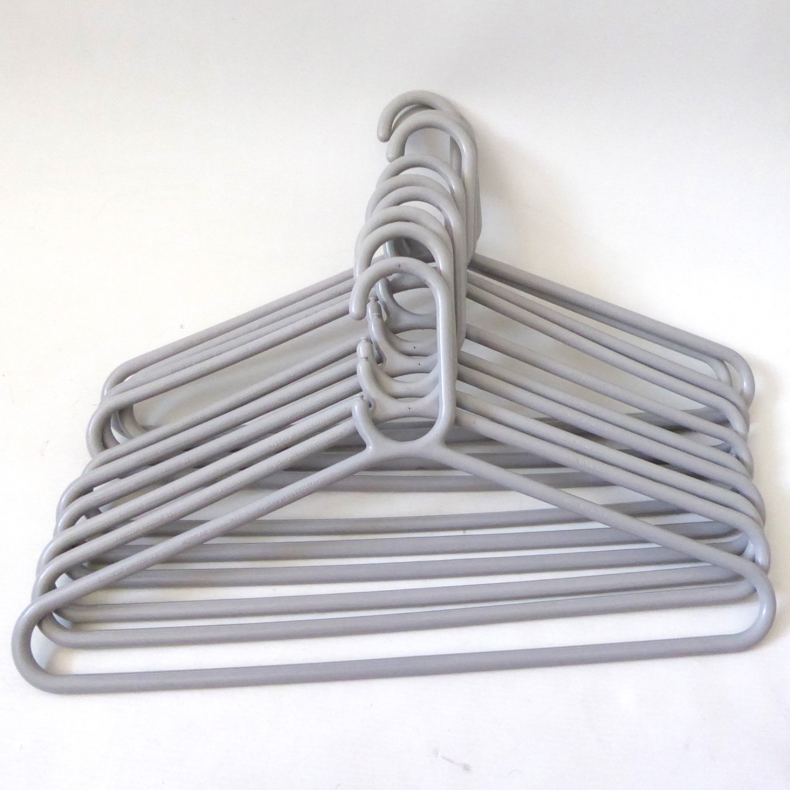 10 grey Swedish made vintage coat hangers, Morplan rainbow hanger 42, 1970s 1980