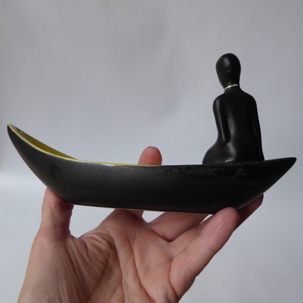 1950s ceramic bowl, African style boat & lady. Black & yellow mid century dish - Image 12