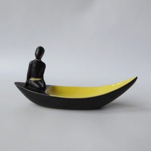 1950s ceramic bowl, African style boat & lady. Black & yellow mid century dish