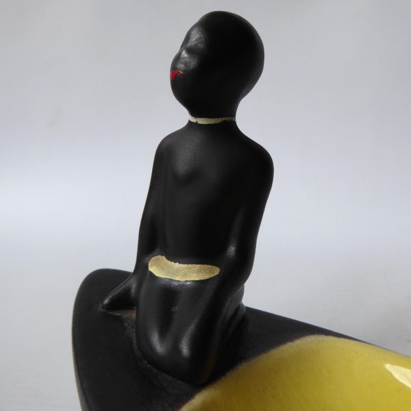 1950s ceramic bowl, African style boat & lady. Black & yellow mid century dish - Image 5