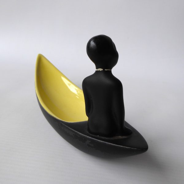 1950s ceramic bowl, African style boat & lady. Black & yellow mid century dish - Image 6