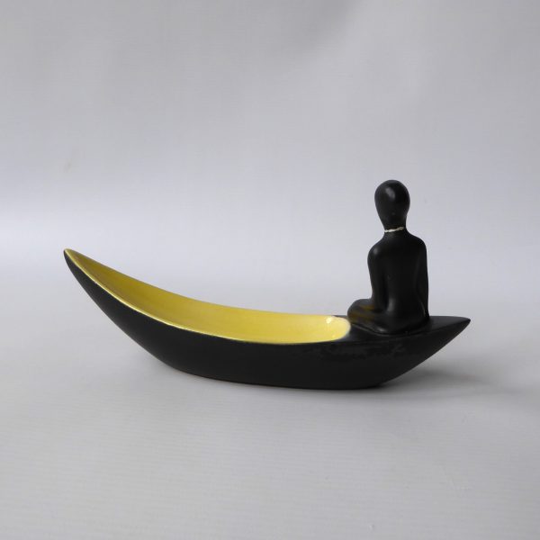 1950s ceramic bowl, African style boat & lady. Black & yellow mid century dish - Image 7