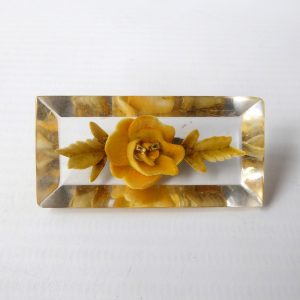 1950s reverse carved lucite perspex brooch yellow rose flower vintage rectangle