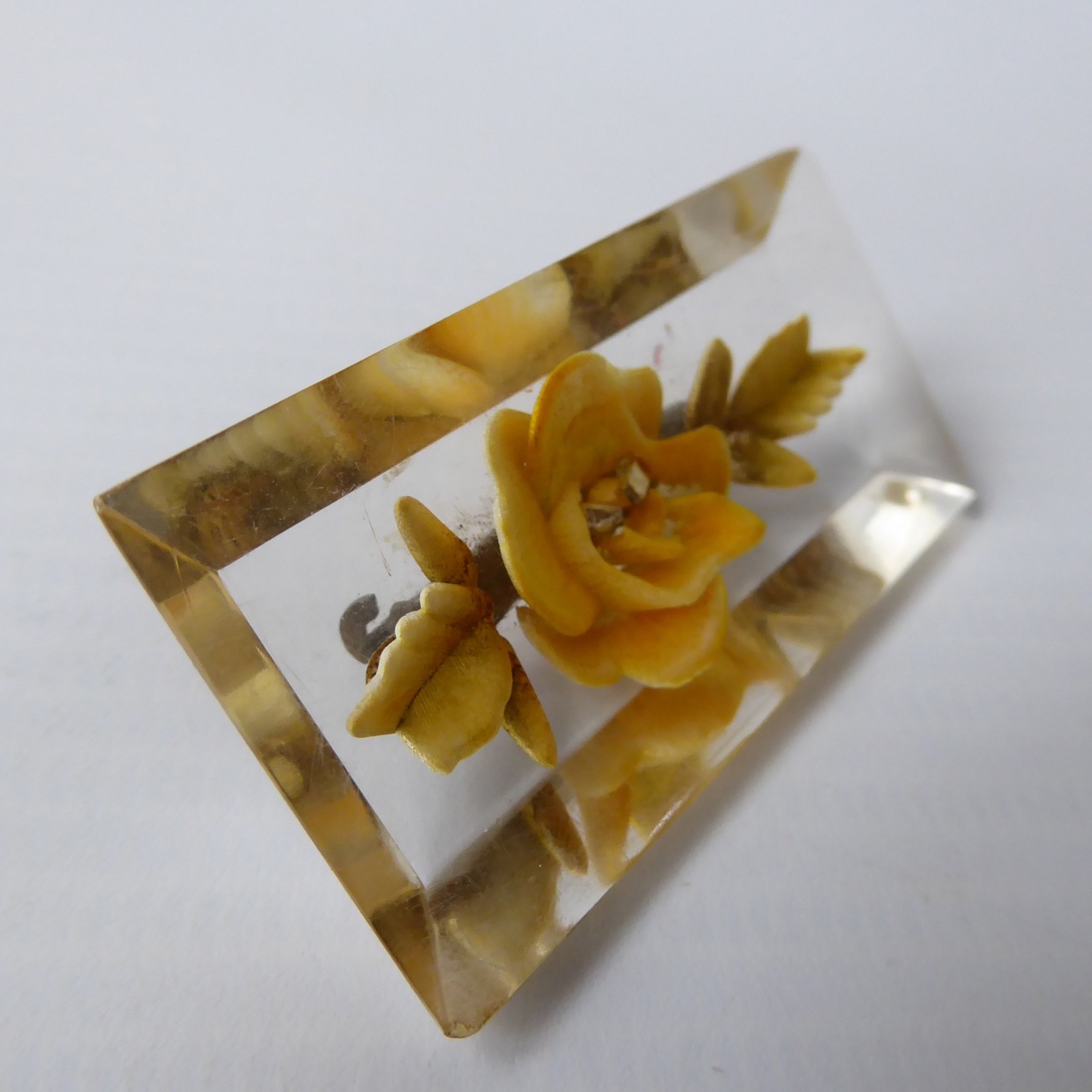 1950s reverse carved lucite perspex brooch yellow rose flower vintage rectangle - Image 6