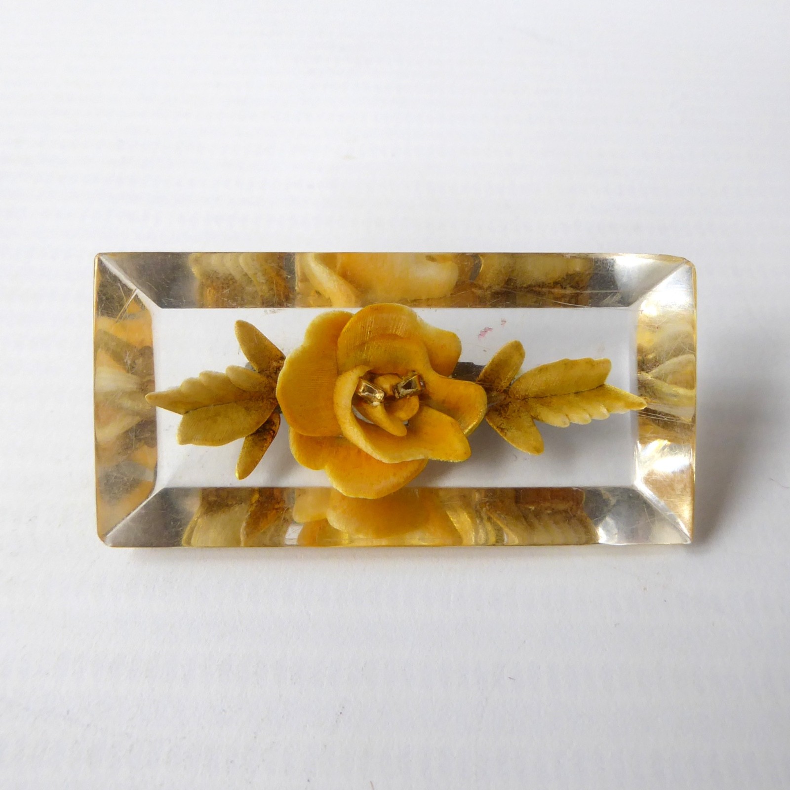 1950s reverse carved lucite perspex brooch yellow rose flower vintage rectangle