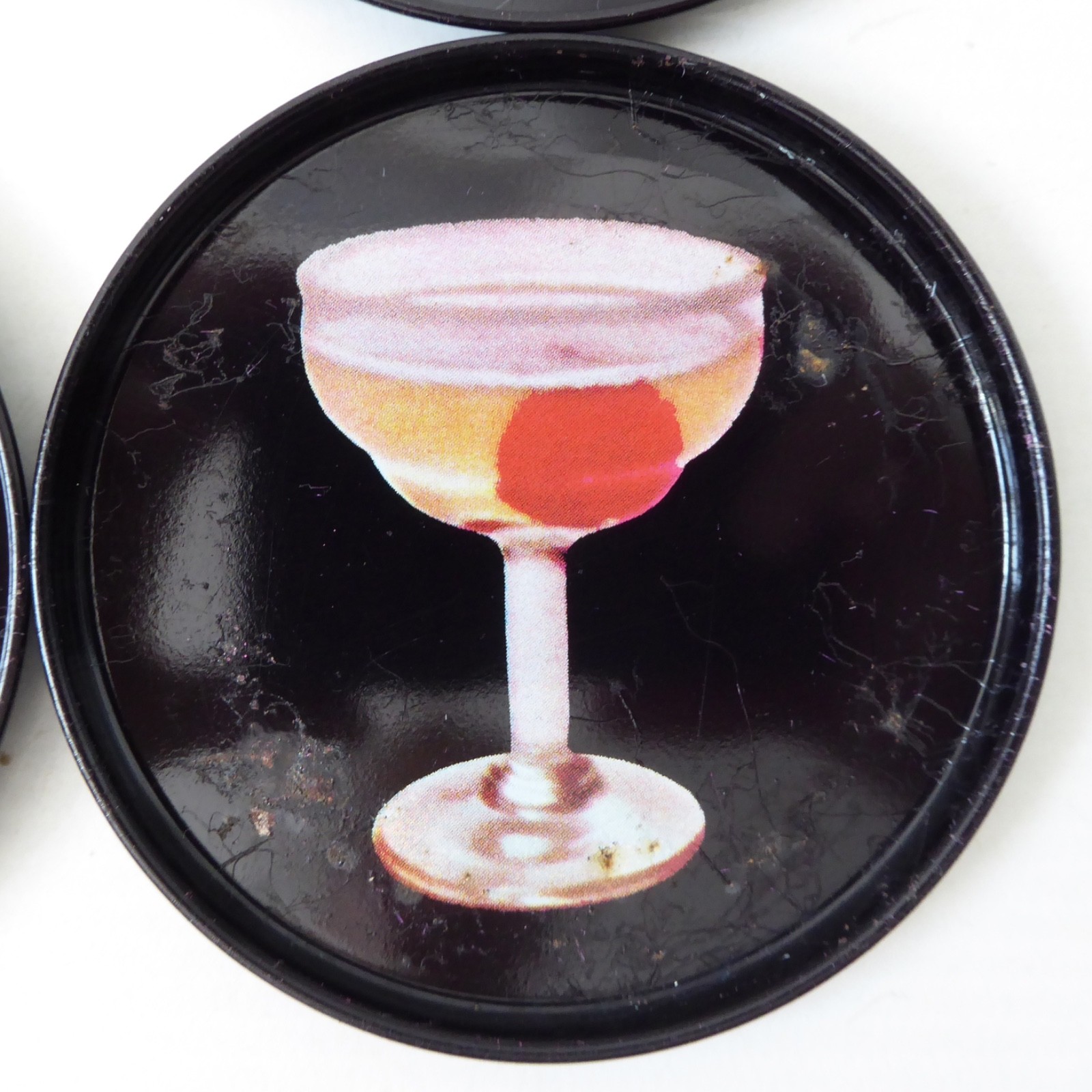 9 vintage Finnish cocktail coasters 1980s, black retro drinks mats. Finland tin - Image 11