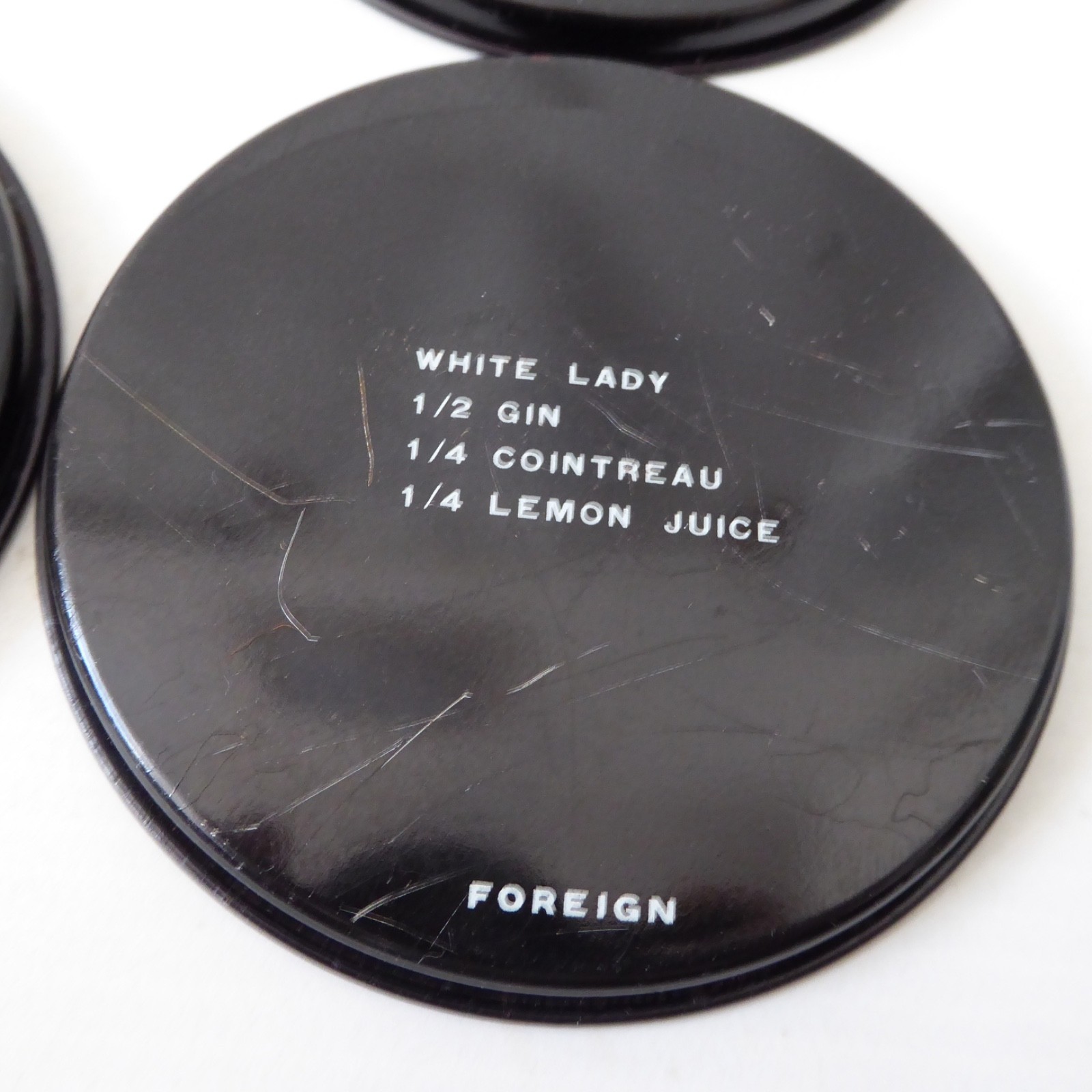 9 vintage Finnish cocktail coasters 1980s, black retro drinks mats. Finland tin - Image 15
