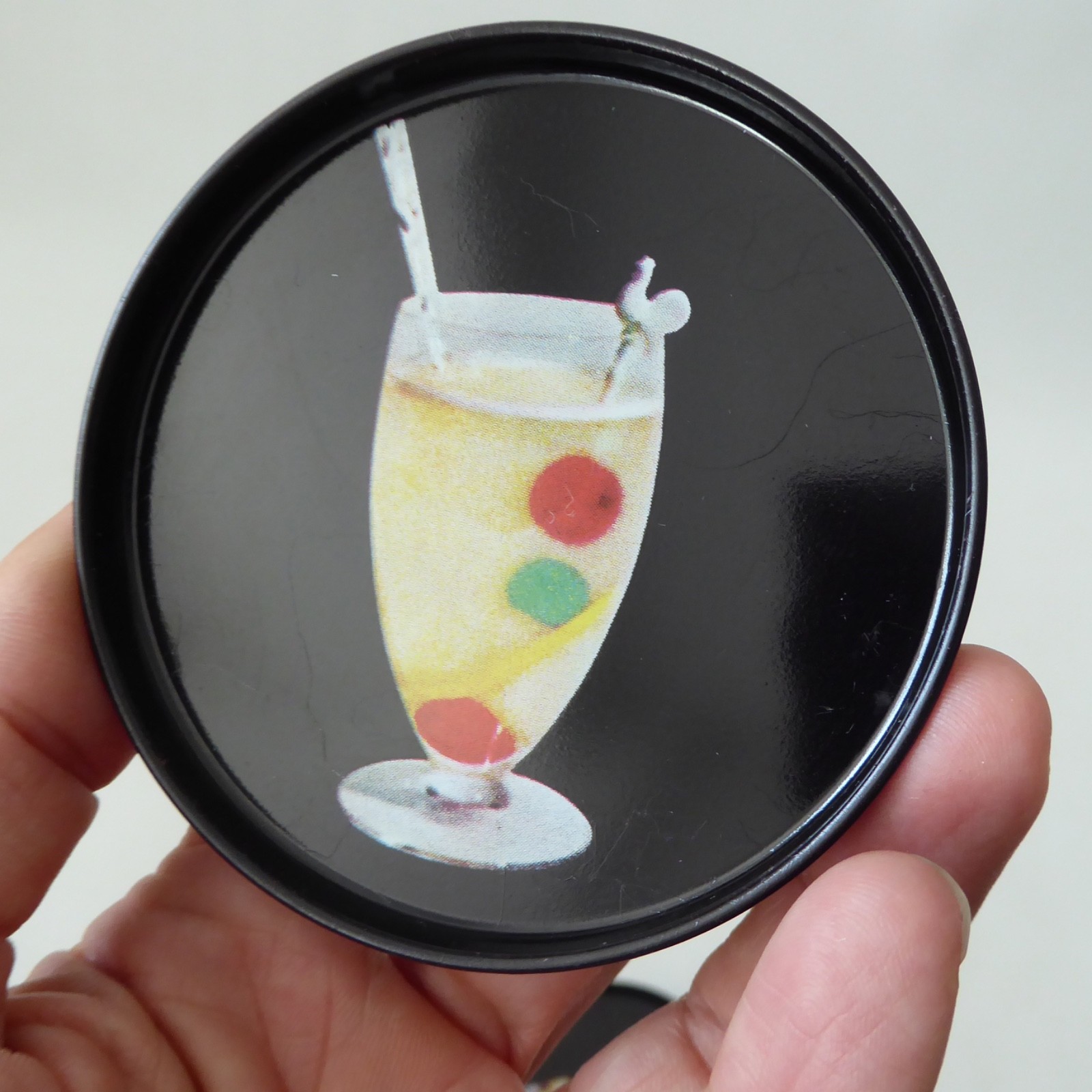 9 vintage Finnish cocktail coasters 1980s, black retro drinks mats. Finland tin - Image 16