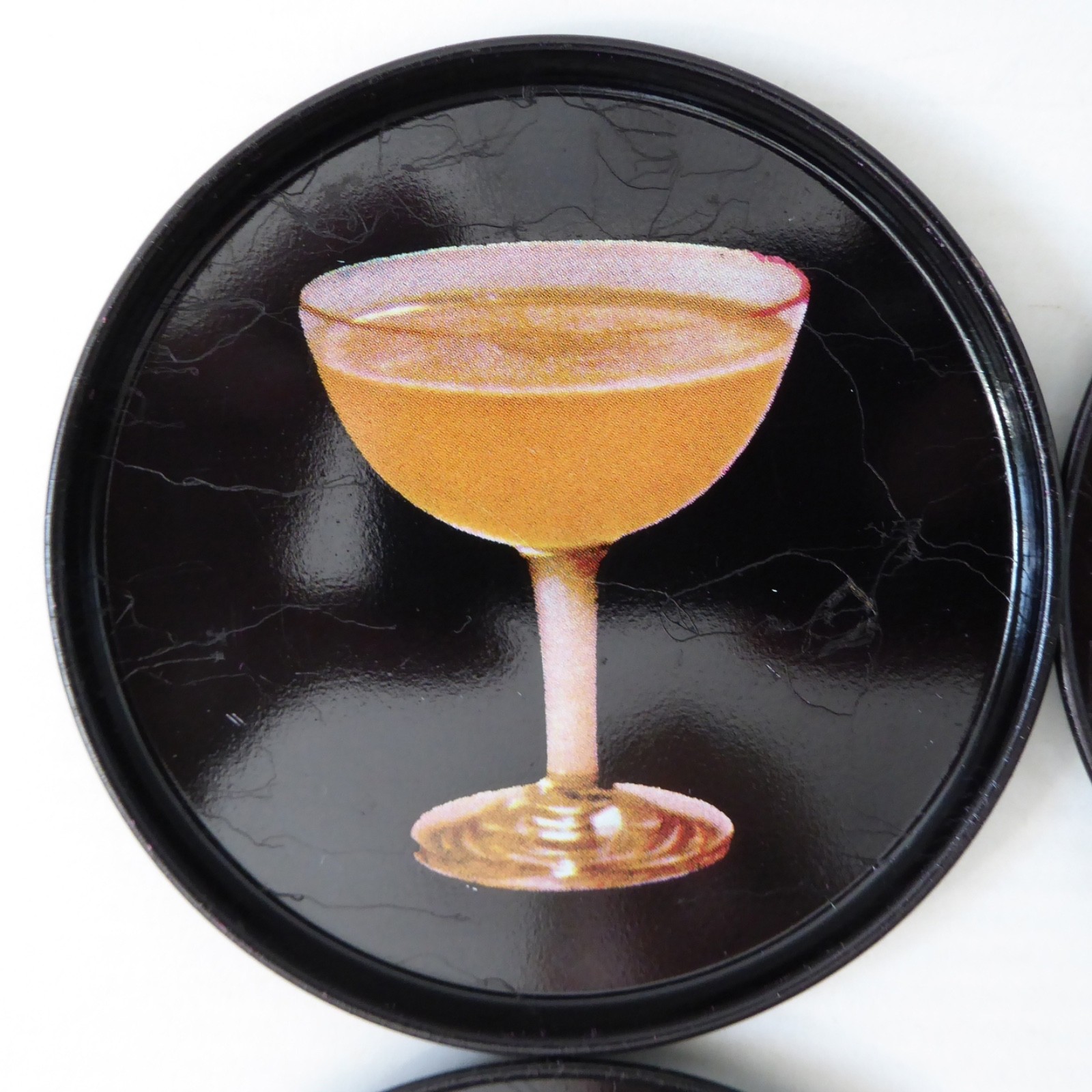 9 vintage Finnish cocktail coasters 1980s, black retro drinks mats. Finland tin - Image 3