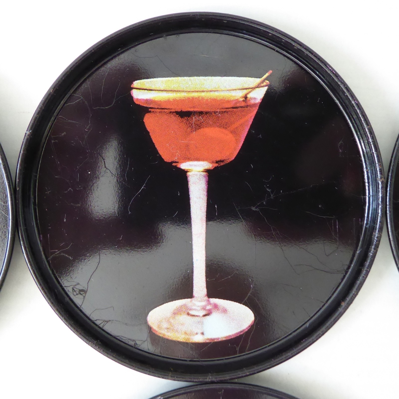 9 vintage Finnish cocktail coasters 1980s, black retro drinks mats. Finland tin - Image 4