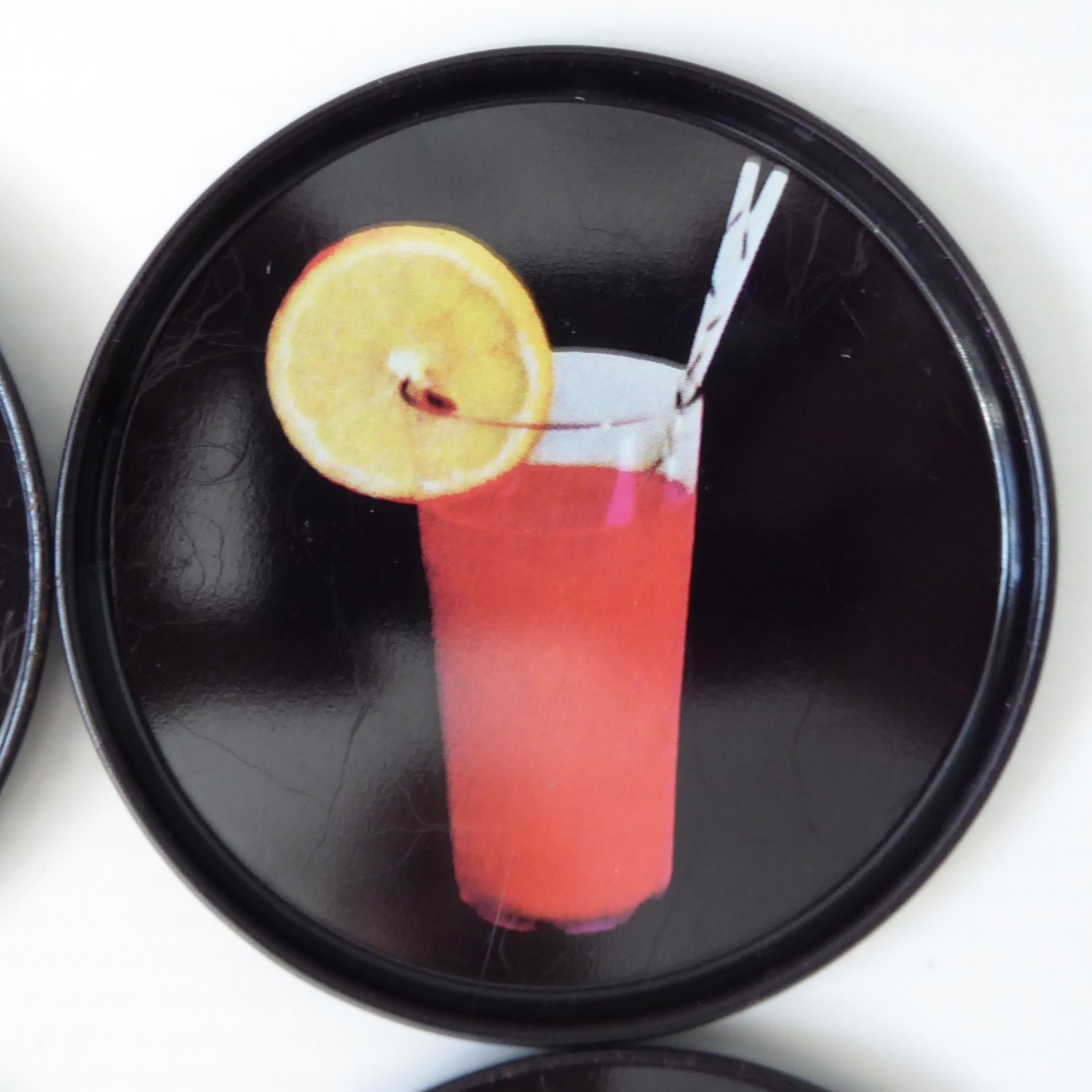 9 vintage Finnish cocktail coasters 1980s, black retro drinks mats. Finland tin - Image 5
