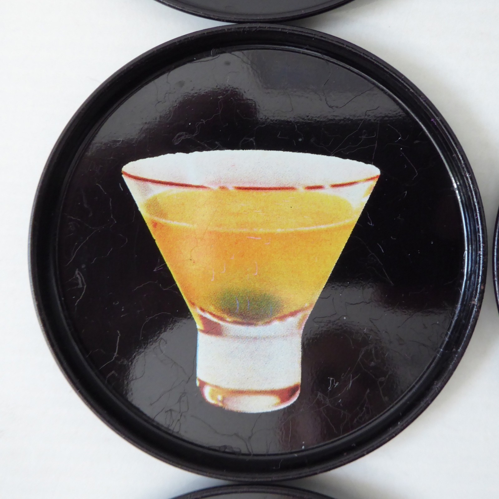 9 vintage Finnish cocktail coasters 1980s, black retro drinks mats. Finland tin - Image 6