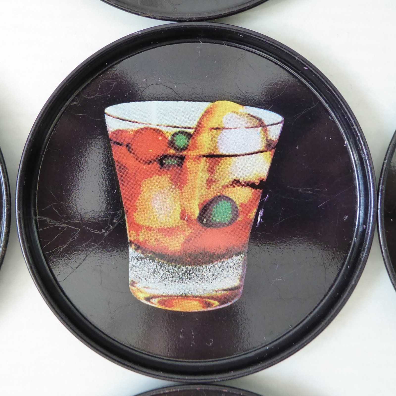 9 vintage Finnish cocktail coasters 1980s, black retro drinks mats. Finland tin - Image 7