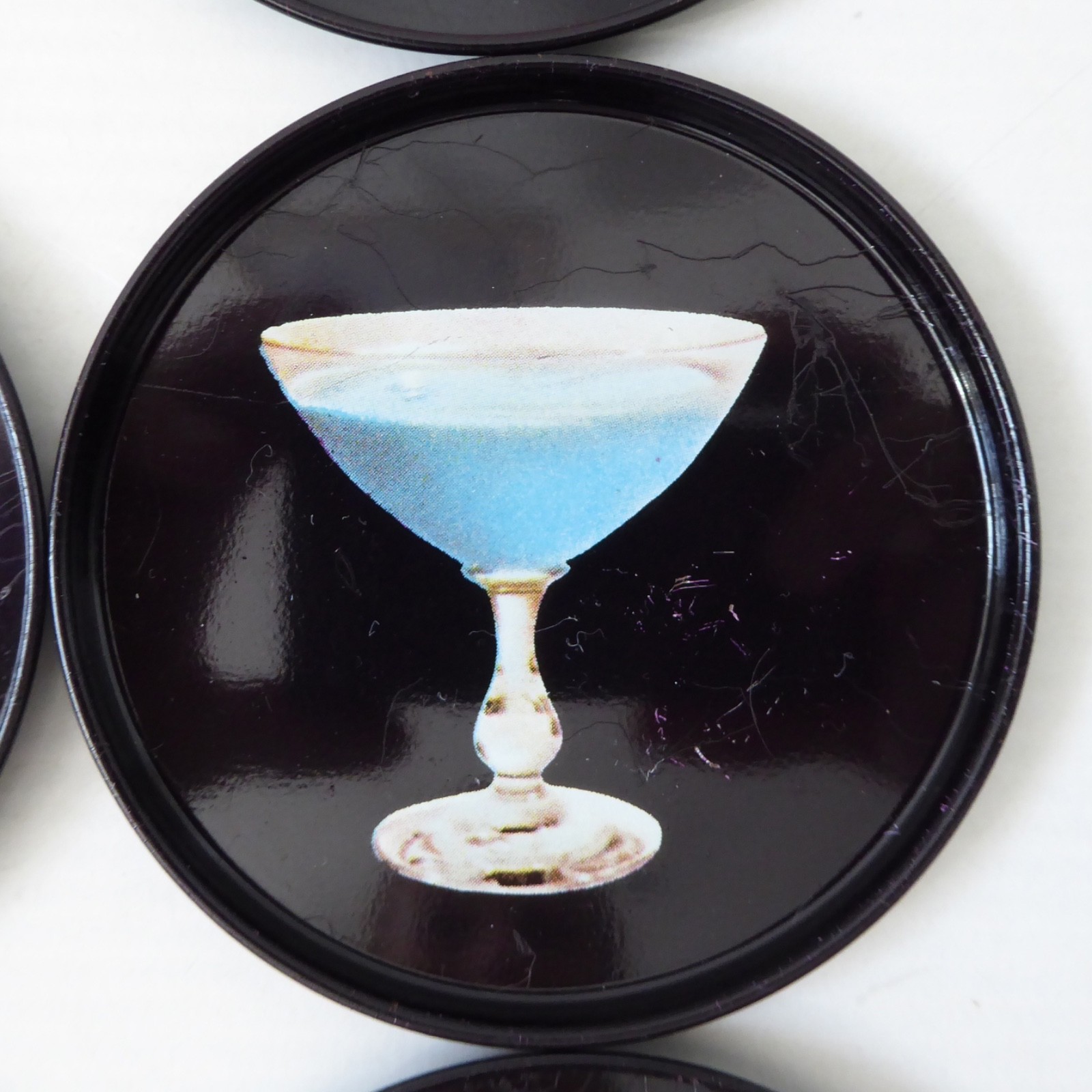 9 vintage Finnish cocktail coasters 1980s, black retro drinks mats. Finland tin - Image 8