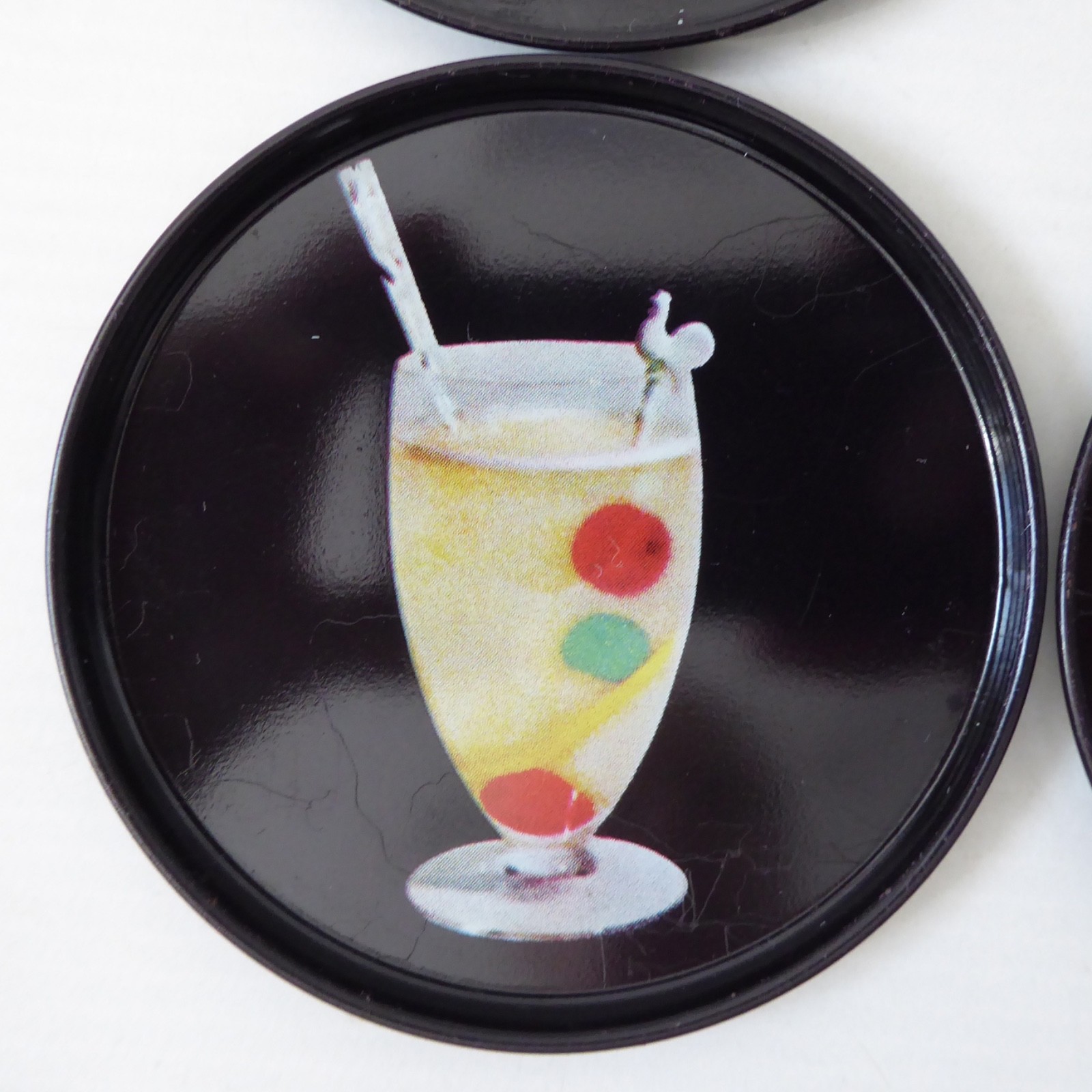 9 vintage Finnish cocktail coasters 1980s, black retro drinks mats. Finland tin - Image 9