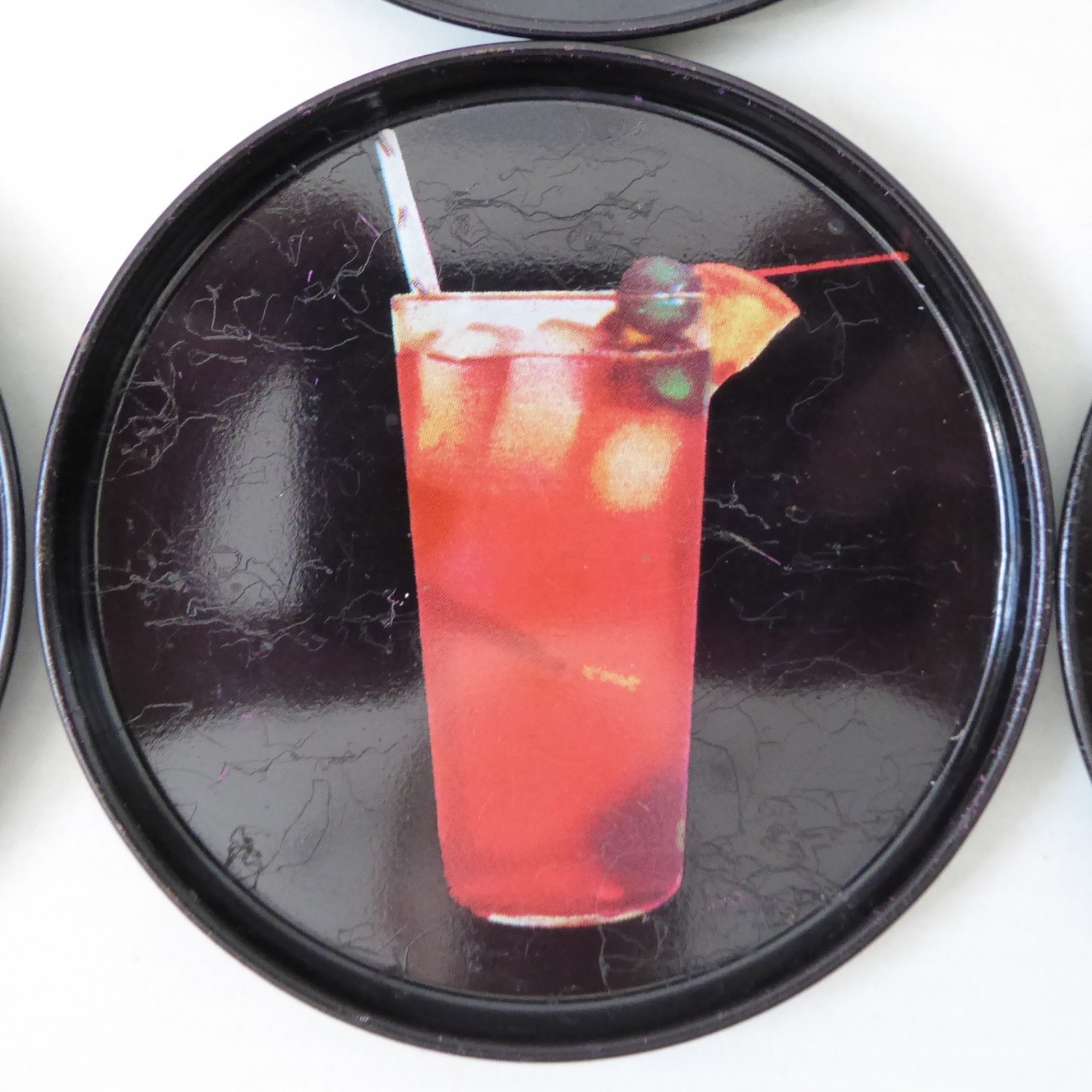 9 vintage Finnish cocktail coasters 1980s, black retro drinks mats. Finland tin - Image 10