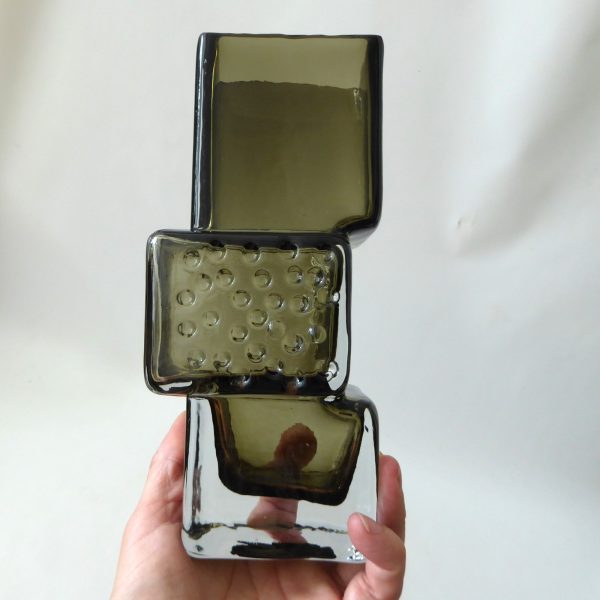 Art glass vase in the style of Whitefriars Drunken Brick Layer, willow/smoke 8" - Image 11