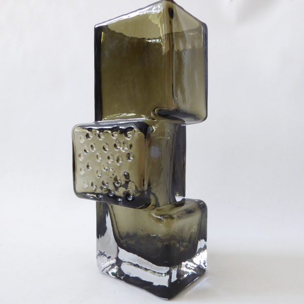 Art glass vase in the style of Whitefriars Drunken Brick Layer, willow/smoke 8" - Image 3