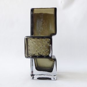 Art glass vase in the style of Whitefriars Drunken Brick Layer, willow/smoke 8"