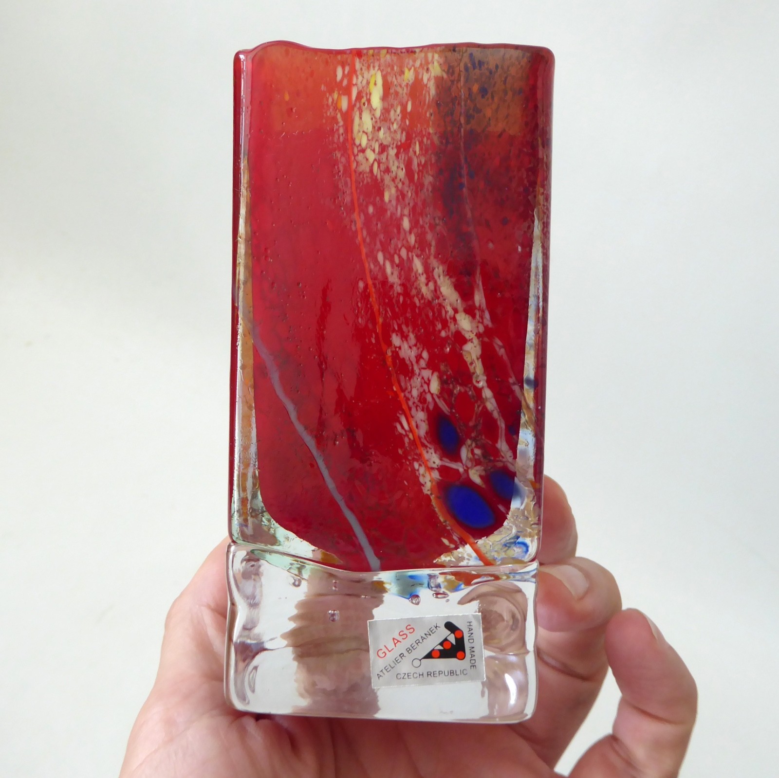 Atelier Beranek art glass vase, Czech handmade red block square. Prob. Petr Hora