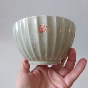 Bretby Art Pottery bowl dish, round vertical ribs. Vintage moss pale green retro
