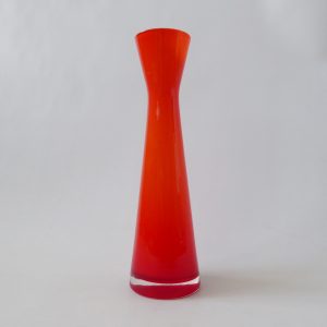 Empoli or Scandinavian art glass vase, orange cased white, hourglass. Vintage