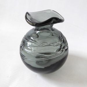 Grey trailed art glass round globe ball vase. Studio glass, ruffled rim. Vintage