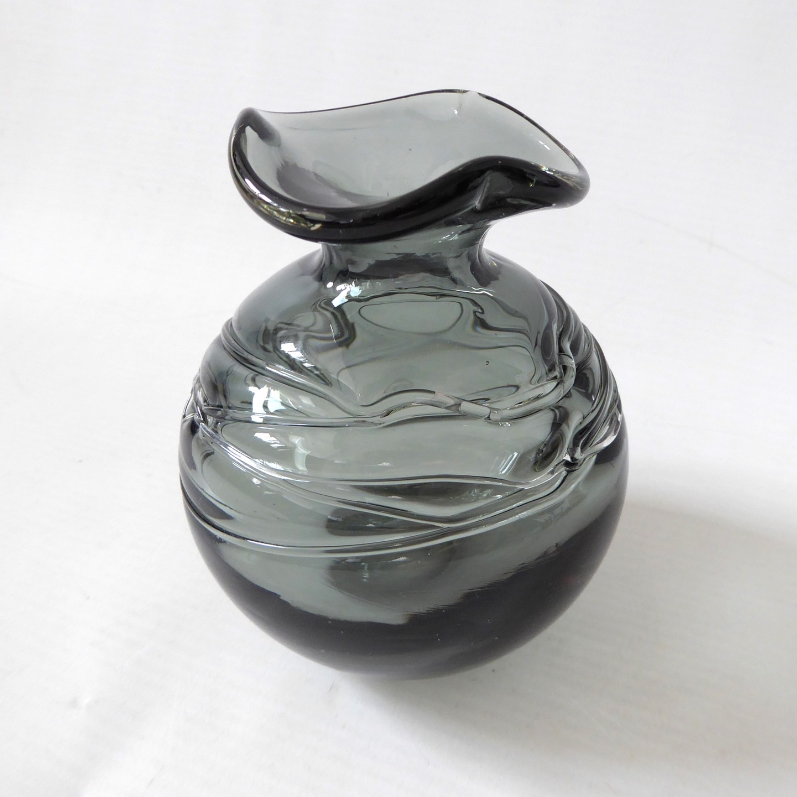 Grey trailed art glass round globe ball vase. Studio glass, ruffled rim. Vintage